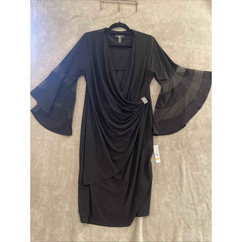 NWT Women Size 14W Flattering Knee Length‎ Wraparound Dress Bell Sleeves Black